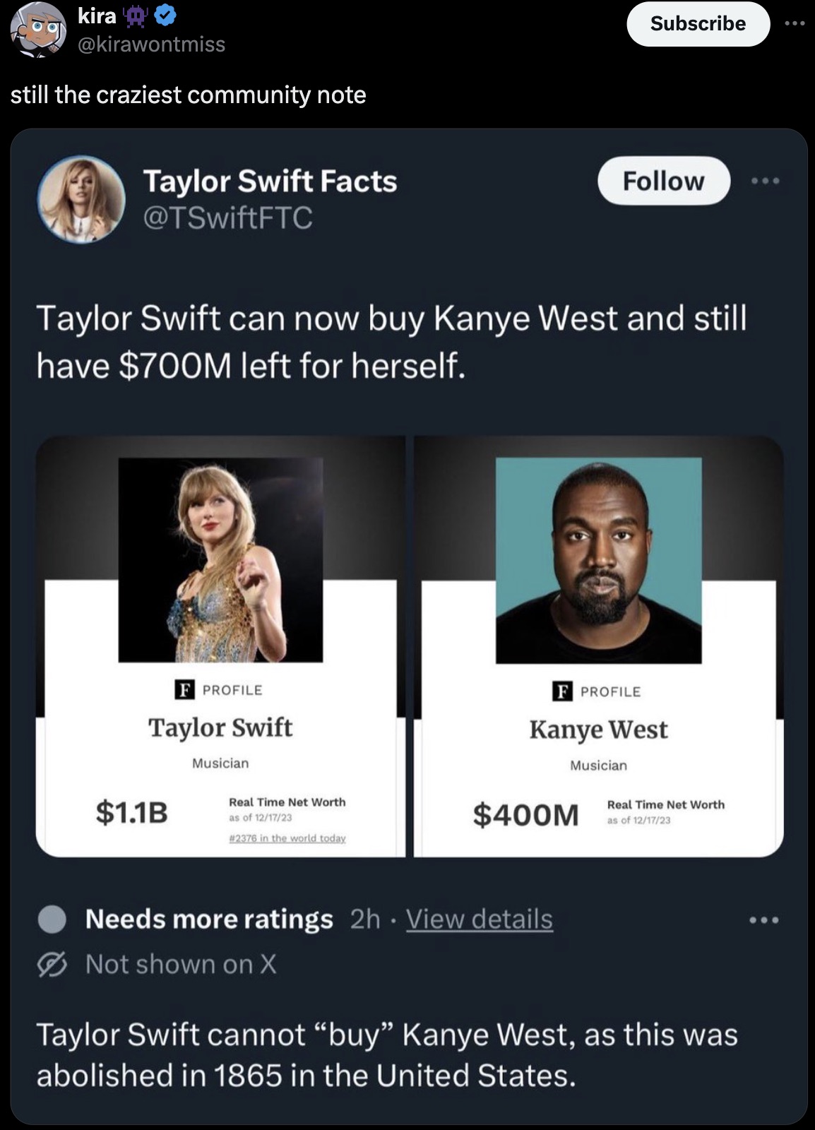 taylor swift buying kanye west - kira still the craziest community note Taylor Swift Facts Subscribe Taylor Swift can now buy Kanye West and still have $700M left for herself. F Profile Taylor Swift Musician $1.1B Real Time Net Worth as of 121723 in the w